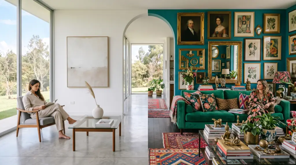Comparación de diseño de interiores en una sala dividida: el lado izquierdo muestra un estilo minimalista con tonos neutros y espacios despejados, mientras el lado derecho exhibe un estilo maximalista con colores vibrantes, múltiples cuadros y texturas.